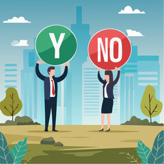 Yes, No argument or disagreement, conflict fight debate, dilemma, dispute or office rivalry war, struggle, negative discussion concept, businessman and woman arguing or fight with yes and no sig