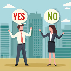 Yes, No argument or disagreement, conflict fight debate, dilemma, dispute or office rivalry war, struggle, negative discussion concept, businessman and woman arguing or fight with yes and no sig