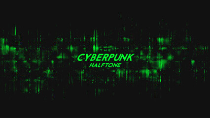 Abstract vector green cyberpunk halftone sound wave. Scrathed dotted texture element.