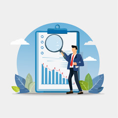 Data analysis chart and report, financial research or analyze information for marketing insight, analytics or optimization diagram, smart information, businessman analyze data with magnifying glas