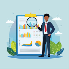 Data analysis chart and report, financial research or analyze information for marketing insight, analytics or optimization diagram, smart information, businessman analyze data with magnifying glas
