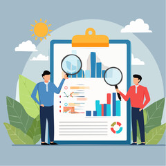 Data analysis chart and report, financial research or analyze information for marketing insight, analytics or optimization diagram, smart information, businessman analyze data with magnifying glas