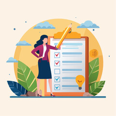 Project management or development plan, strategy or process to develop product, schedule or manage resource to achieve goal concept, businesswoman holding pencil with project management element