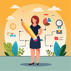 Project management or development plan, strategy or process to develop product, schedule or manage resource to achieve goal concept, businesswoman holding pencil with project management element