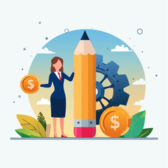 Project management or development plan, strategy or process to develop product, schedule or manage resource to achieve goal concept, businesswoman holding pencil with project management element