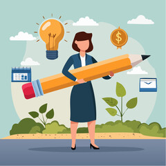 Project management or development plan, strategy or process to develop product, schedule or manage resource to achieve goal concept, businesswoman holding pencil with project management element