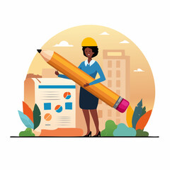 Project management or development plan, strategy or process to develop product, schedule or manage resource to achieve goal concept, businesswoman holding pencil with project management element