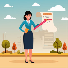 Project management or development plan, strategy or process to develop product, schedule or manage resource to achieve goal concept, businesswoman holding pencil with project management element