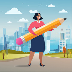 Project management or development plan, strategy or process to develop product, schedule or manage resource to achieve goal concept, businesswoman holding pencil with project management element