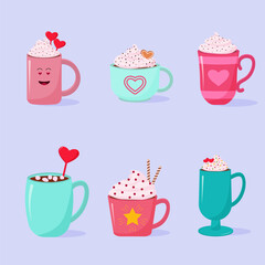 Collection of cups, mugs. Hot cocoa drinks, chocolate with whipped cream. For Valentine's Day, for New Year. Festive drinks. Vector illustration