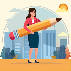 Project management or development plan, strategy or process to develop product, schedule or manage resource to achieve goal concept, businesswoman holding pencil with project management element