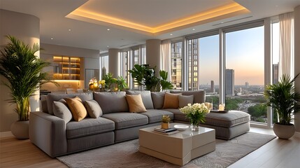 Luxurious seating arrangement in chic apartment high resolution image
