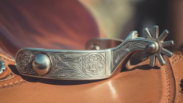 Close-up of a silver Western pleasure spur with intricate floral engravings