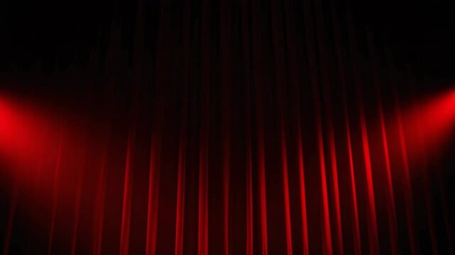 Red stage curtain illuminated by spotlights. Dramatic red velvet drapes create an elegant theater setting. Perfect red curtain backdrop for video projects, movie posters, or theatrical announcements