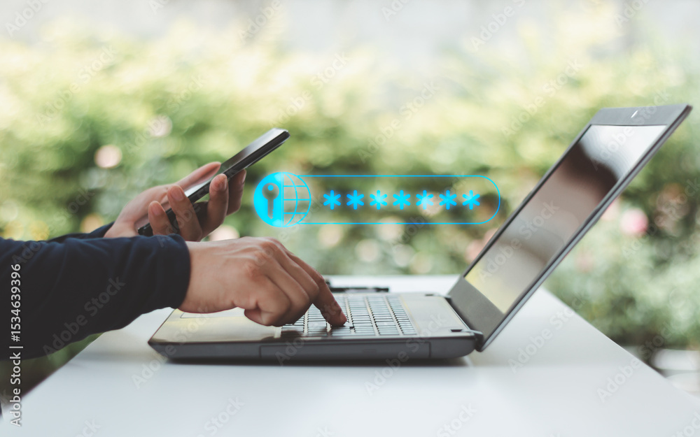 Poster Password secure cyber security login computer technology protection information privacy digital access verification with laptop and mobile phone device, digital password for secured internet access.