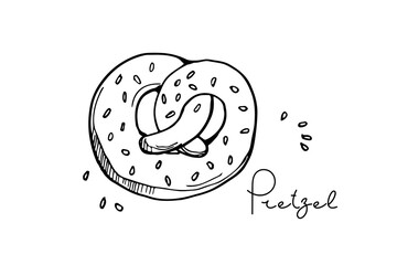 Pretzel with sesame seeds, pastry sketch with lettering. Traditional twisted bread outline in doodle style. Fresh food snack logo. Typography poster for cafe, menu, recipes, class. Hand drawn symbol