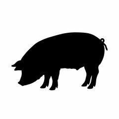 A simple black silhouette of a pig viewed from the side. The pig is depicted in profile, showing its body, legs, and curled tail. 