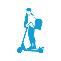 Courier with backpack on back riding electric scooter silhouette