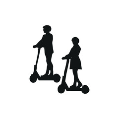 Girl with helmet and guy on electric scooter silhouette. Safe driving