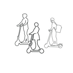 People on electric scooters thin lines sign