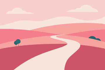 Serene Pink Landscape Winding River Path Through Rolling Hills