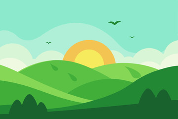 Fototapeta premium Serene Sunrise over Rolling Green Hills A Peaceful Landscape Illustration