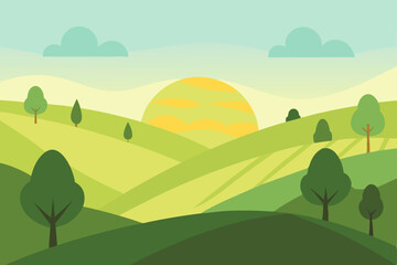 Obraz premium Serene Sunrise over Rolling Green Hills A Peaceful Landscape Illustration