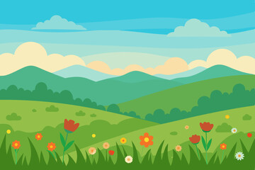 Fototapeta premium Serene Spring Landscape Rolling Hills, Blooming Flowers, and Sunny Skies