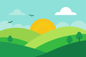 Obraz premium Serene Sunrise Over Rolling Green Hills A Peaceful Landscape Illustration