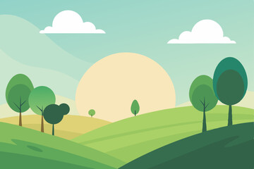 Serene Sunrise Landscape Rolling Hills, Lush Greenery, and Peaceful Sky