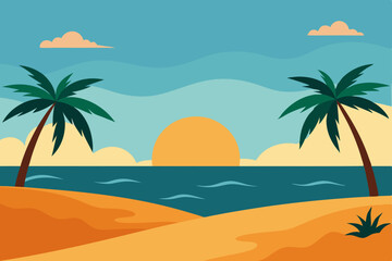 Obraz premium Sunset Beach Scene Tropical Paradise Illustration