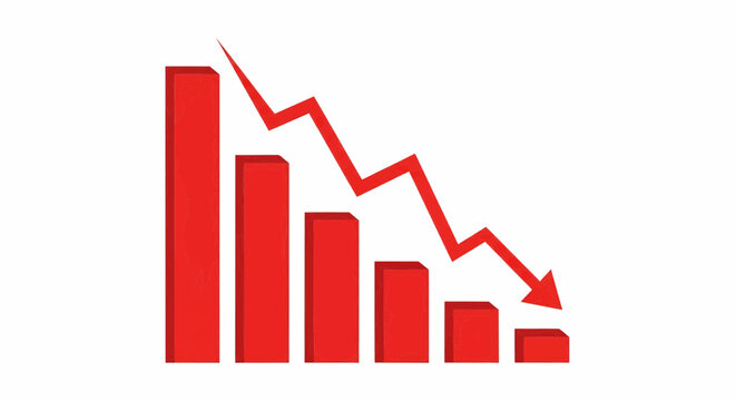 This high-quality vector image features a red bar graph with six descending rectangular prism bars and a jagged red arrow pointing downwards, all with fine details.
