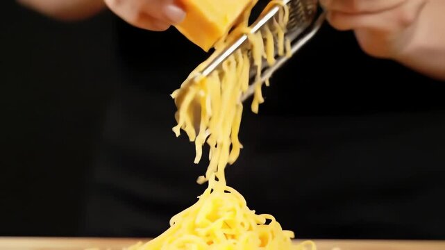 Person's hands are shown grating a block of bright orange cheddar cheese, producing a pile of shredded cheese below