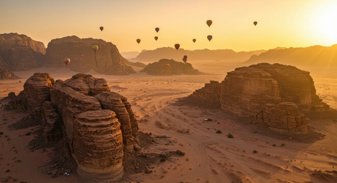 Hot air balloon adventure over wadi rum desert jordan aerial sunrise captivating landscape