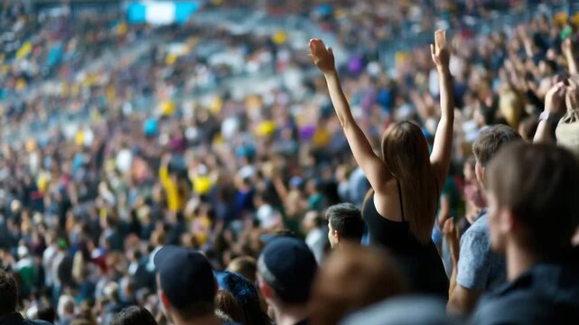 A crowd of fans cheering in the stands at an outdoor sports stadium, with one woman waving her hand to draw attention to them.