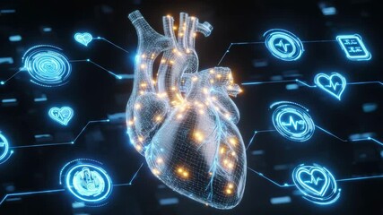 A digital human heart with holographic health data and medical icons floating around it, symbolizing advanced cardiac-focused technology in medicine. - Powered by Adobe