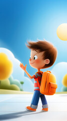 Smiling Elementary School Boy Waves Goodbye to Friends While Holding Lunchbox in Sunny Schoolyard
