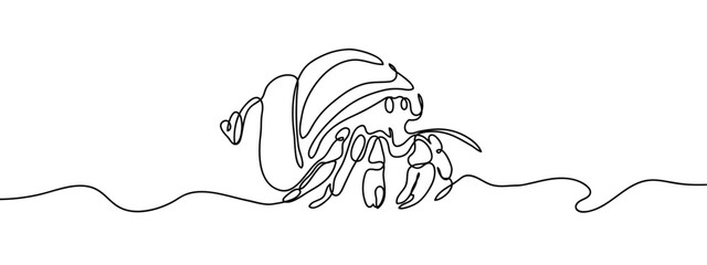 Continuous line, hermit crab Hand drawn vector art lines on transparent background. Editable strokes.