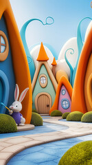 Whimsical Easter Bunny Village With Colorful Houses and Bunnies Painting Eggs During a Bright Spring Day
