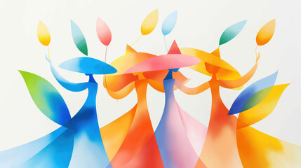 Women Joyfully Celebrating With Vibrant Balloons and Flowers Under Colorful Pastel Skies in a Festive Atmosphere
