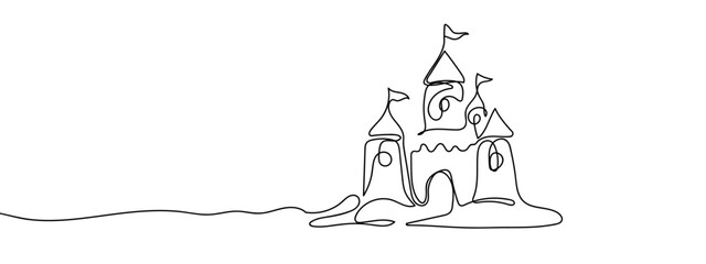 Continuous line, sand castle, summer, beach Hand drawn vector art lines on transparent background. Editable strokes. © Proongnee