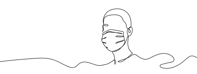 Continuous line, person wearing a mask Hand drawn vector art lines on transparent background. Editable strokes.
