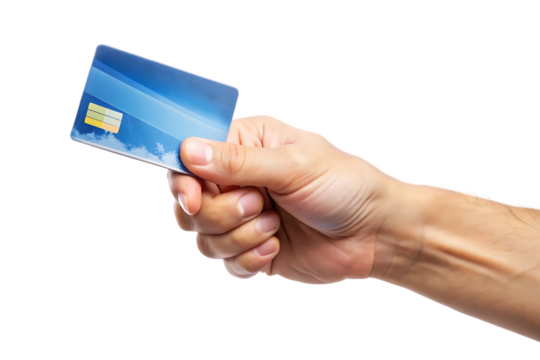 Closeup of a fairskinned hand holding a light blue credit card with a yellow chip isolated on a transparent background