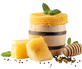 Delicious Honeycomb and Wooden Barrel Arrangement on a Black Background Display