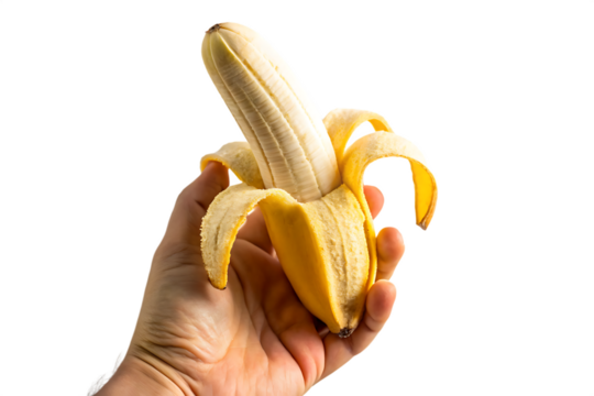 A hand holds a peeled ripe banana the fruit is yellow and creamy white inside the background is black G E N E R A T E D A I P N G isolated on a transparent background