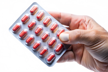 Closeup of a hand holding a blister pack of red capsules against a vibrant multicolored pixelated background P N G E N E R A T E D A I isolated on a transparent background