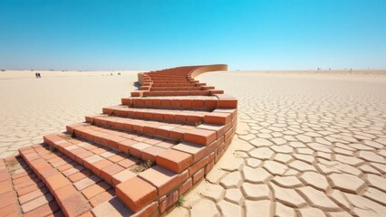 Endless Brick Staircase in Desert Leading to Horizon Under Clear Blue Sky