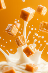 Caramel cubes splashing into creamy milk on an orange background.