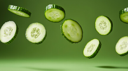 Sliced cucumber pieces floating with water drops on a green background.