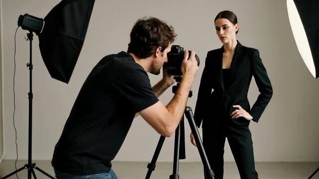 A photographer captures a model in a sleek black suit from a side angle, set in a professional studio, emphasizing a video production vibe